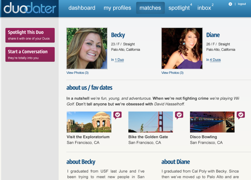 The site offers "Duo Profiles" that only... 