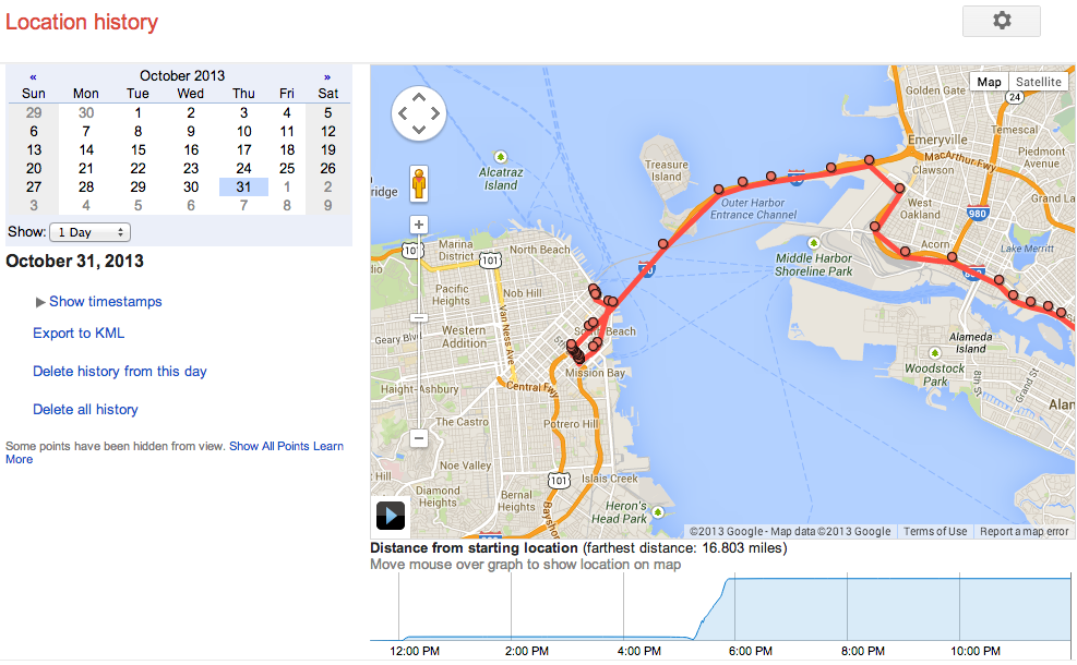 Location History. Google’s “location History”. The further distance