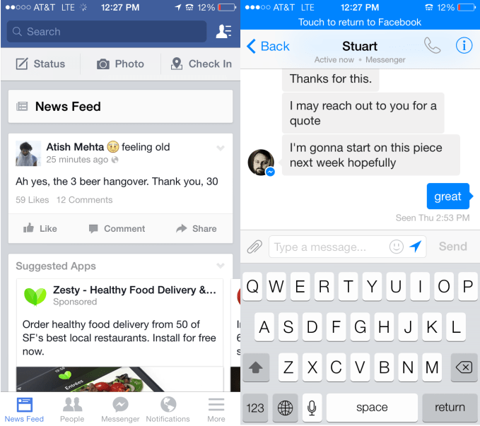 Soon, all users will have a hotlink in the tab bar at the bottom of their Facebook app that will open Messenger. No more messaging within Facebook For iOS or Android