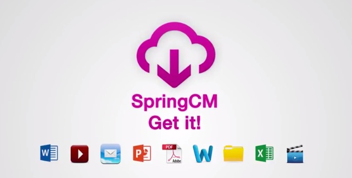 SpringCM logo over several file formats represented by logos,