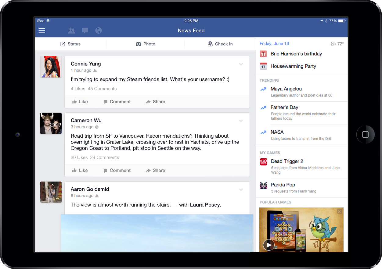 Facebook S Ipad App Becomes An Entertainment Hub With Game Discovery And Trending Videos Sidebar Techcrunch