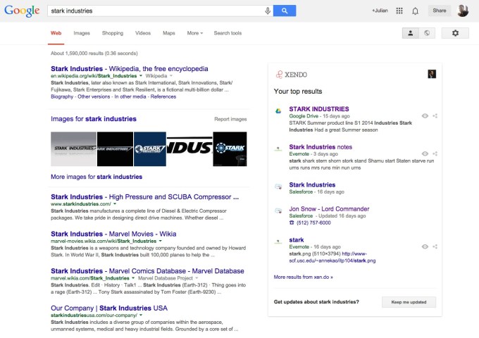 Xendo surfacing content next to a Google search.
