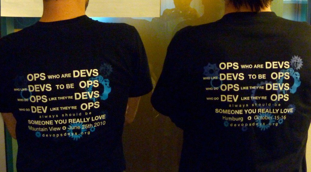 Two guys wearing DevOps Tshirts