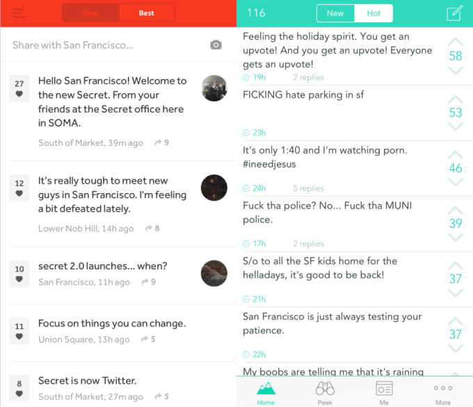 Redesigned Secret on the left, which looks just like Yik Yak on the right