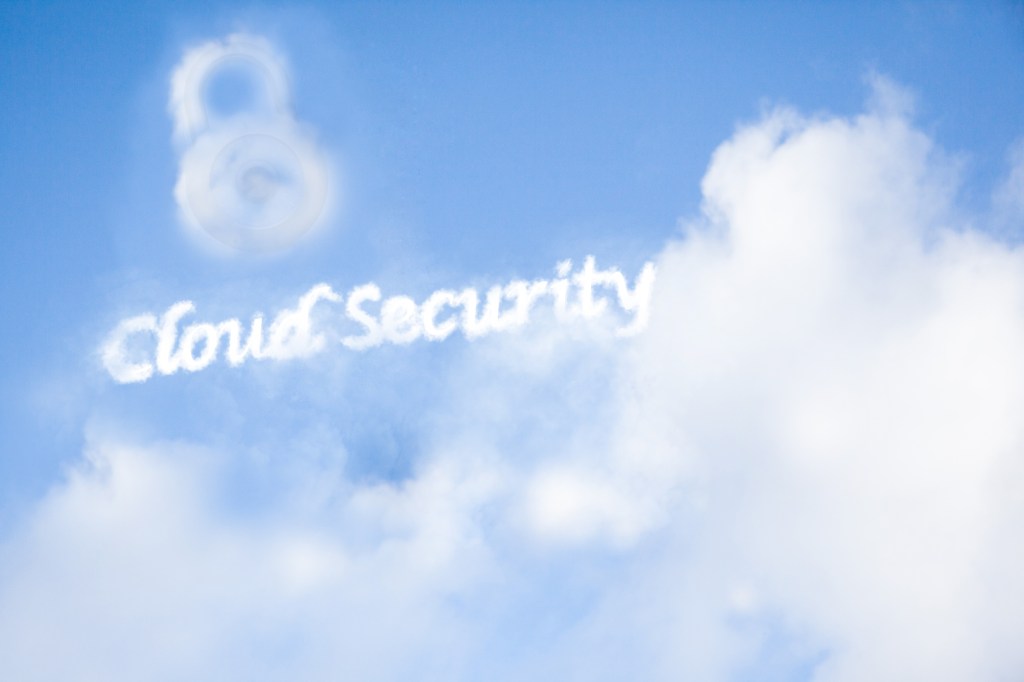 Clouds in sky with lock and words "cloud security" in clouds.