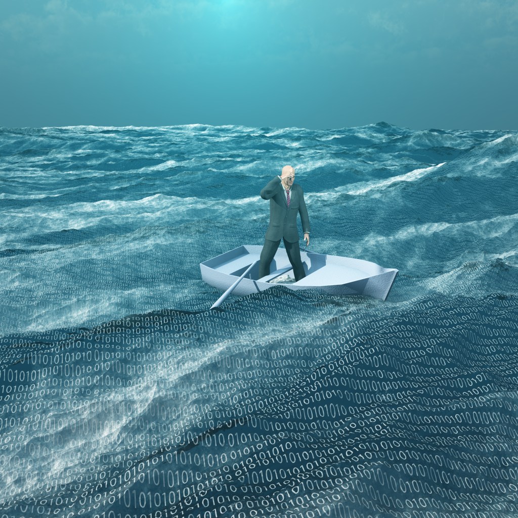 Man in row boat on ocean waves made of bits and bytes.