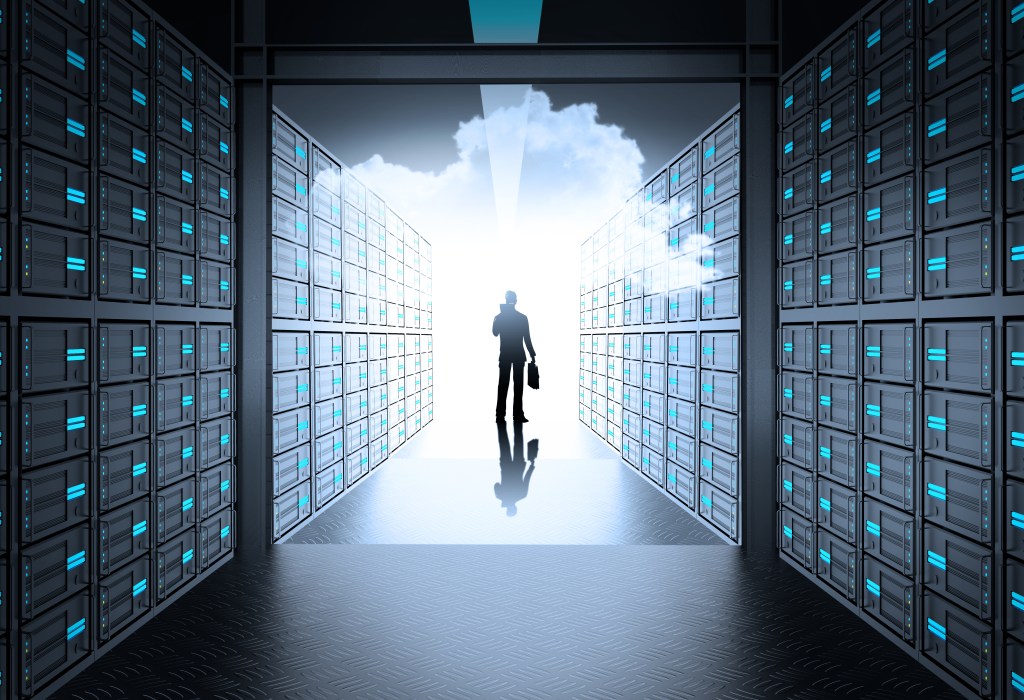 Drawing of on-premises data backup with man walking toward cloud.
