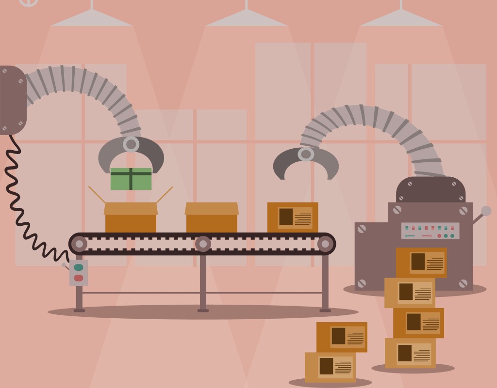 illustration of factory robots picking packages off conveyor belt