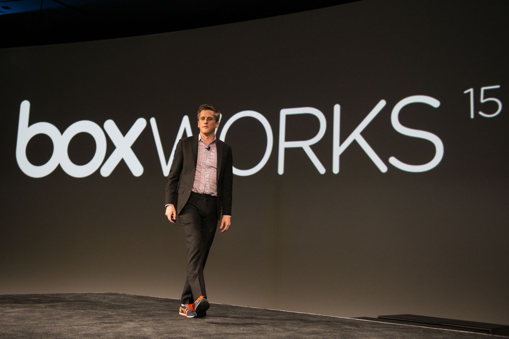Aaron Levie on stage at BoxWorks 15.