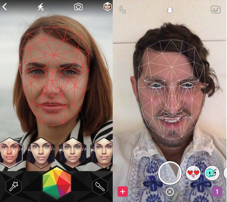 Looksery's facial recognition on the left, Snapchat's seemingly identical facial recognition on the right