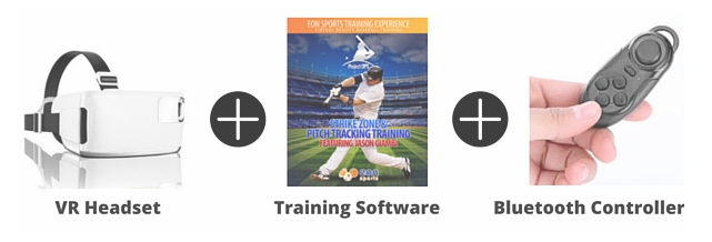 Eon sports virtual baseball training package includes a head set, training software and a bluetooth controller.