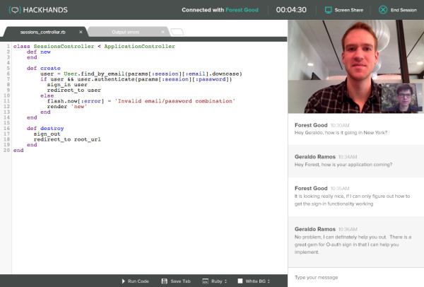 Screenshot of a HackHands session (source: CrunchBase).