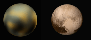Left: Old image of Pluto created using the Hubble Space Telescope. Right: New image from New Horizons / Images courtesy of NASA