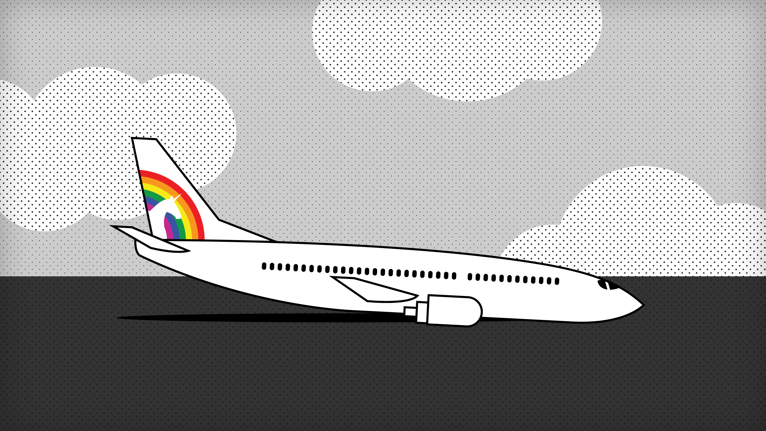 An illustration of a descending jet airplane with a unicorn logo on its tail