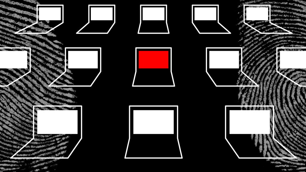 illustrated laptop computers on a black background with white displays, except for one in the middle with a red display