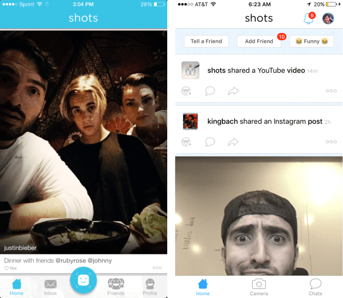 Shots has evolved from a selfie app (left) to also embrace comedy (right)