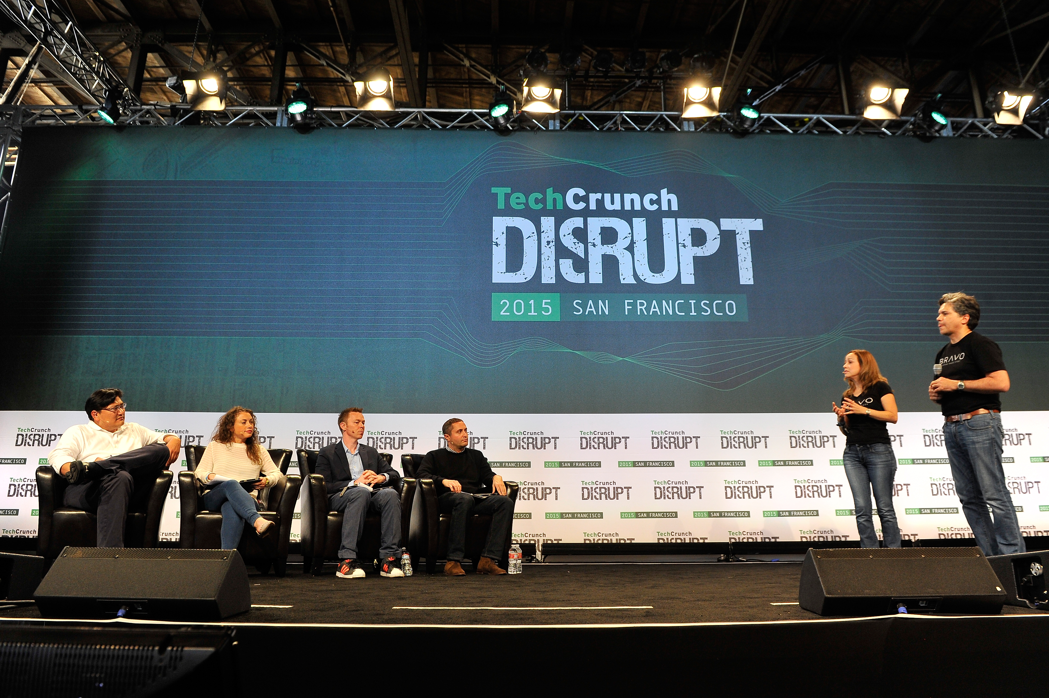 SAN FRANCISCO, CA - SEPTEMBER 21: The group from Bravo presents to the judges onstage during Startup Battlefield on day one of TechCrunch Disrupt SF 2015 at Pier 70 on September 21, 2015 in San Francisco, California. (Photo by Steve Jennings/Getty Images for TechCrunch)