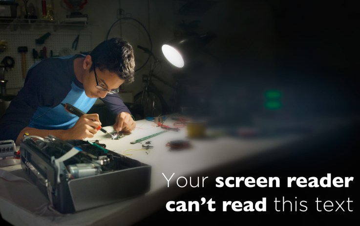 Picture of Shubham Banerjee, founder of Braigo Labs, working with a soldering iron. The image is overlaid with the text "Your screen reader can't read this text".