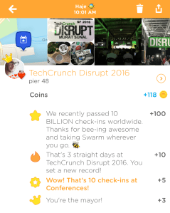 I'm writing this at TechCrunch Disrupt, so it's only apt that my highest-scoring check-in happened here! #CoinRich