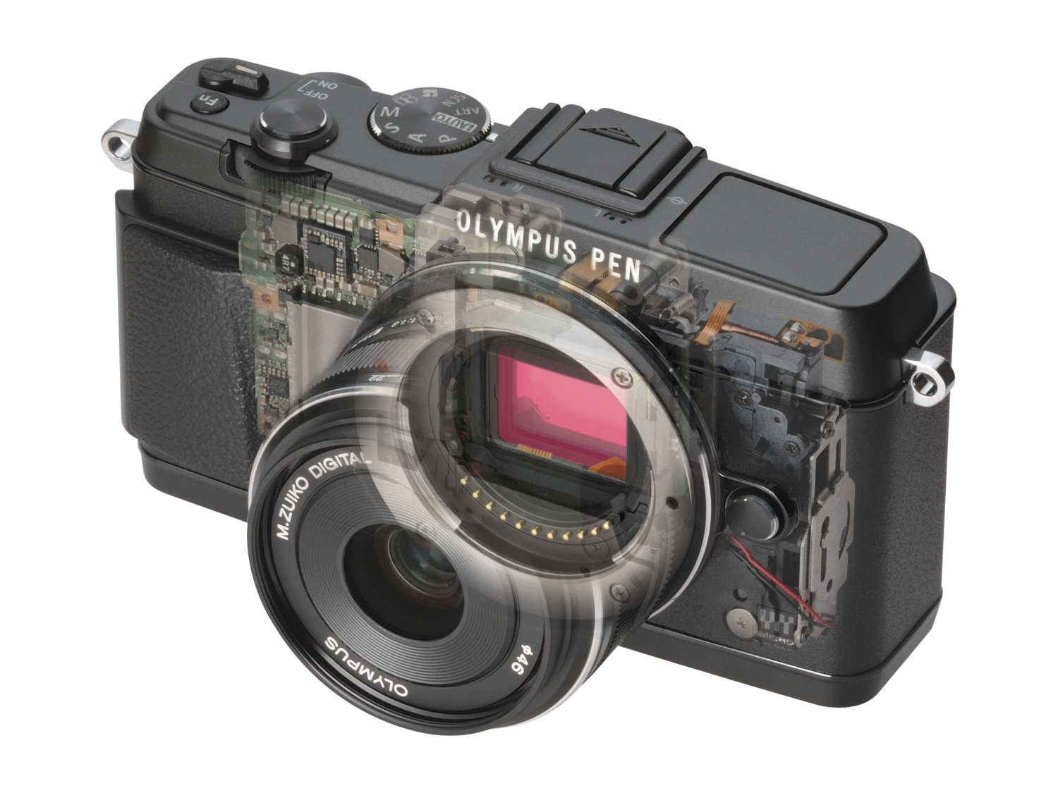 Inside an Olympus mirrorless camera - notice nothing intervenes between the lens and the sensor except the (invisible) shutter.