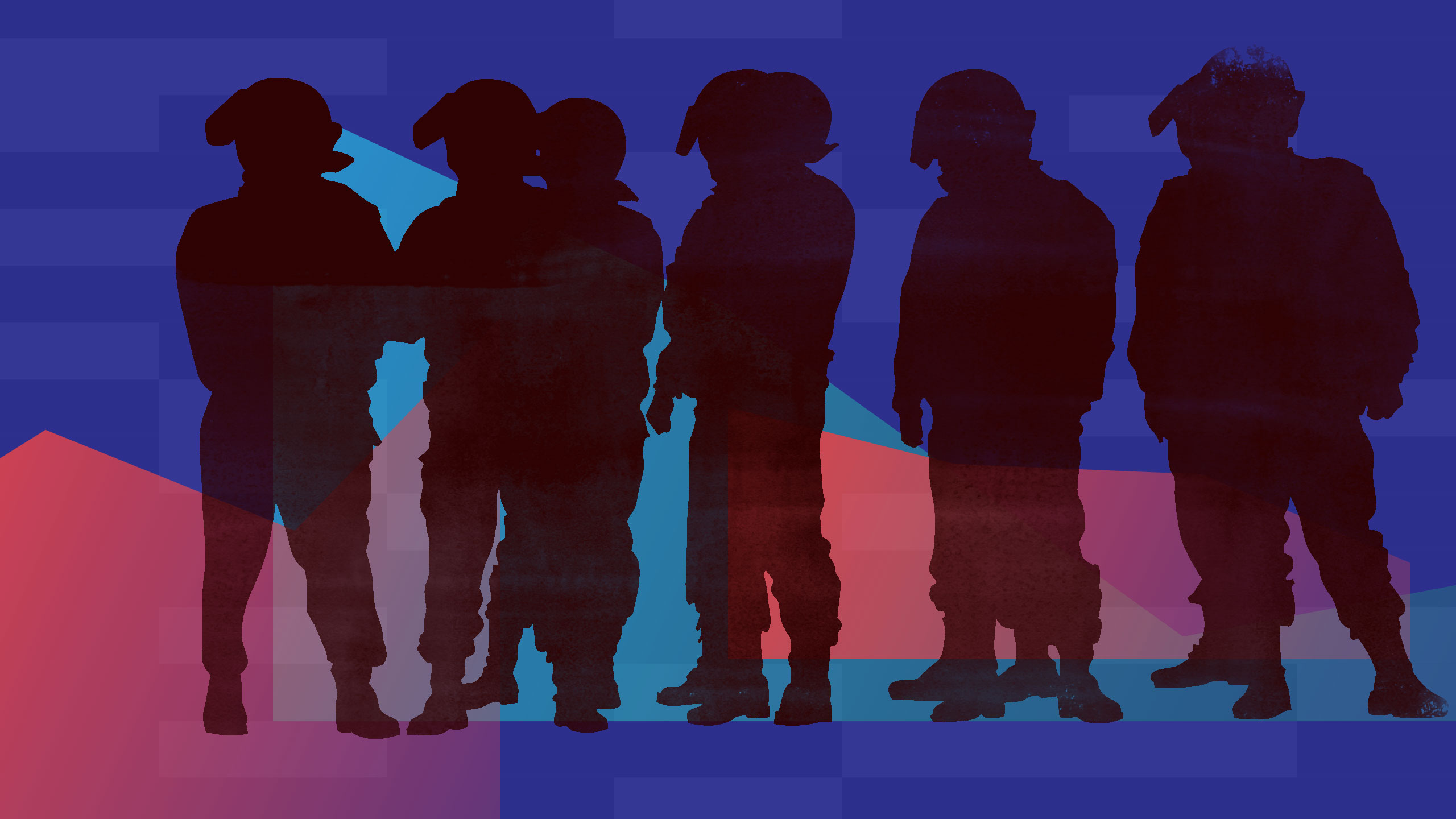 Illustration showing silhouettes of police over an abstract background.