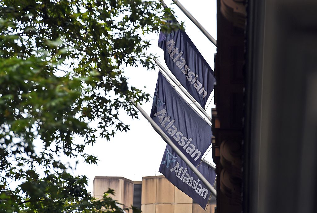 This photo shows flags adorning the head office of Australian tech start-up Atlassian.
