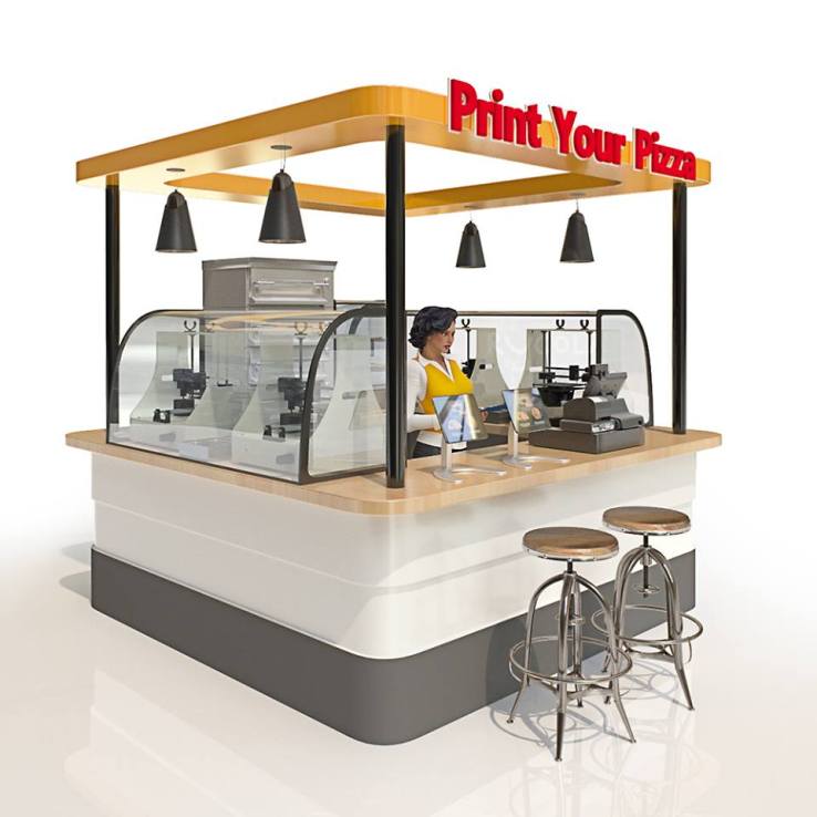 A rendering shows the BeeHex 3D food printer in a retail kiosk. 