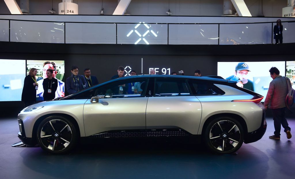 Faraday Future's FF91 electric car on display at the 2017 Consumer Electronic Show (CES) in Las Vegas, Nevada on January 7, 2017. / AFP / Frederic J. BROWN (Photo credit should read FREDERIC J. BROWN/AFP/Getty Images)