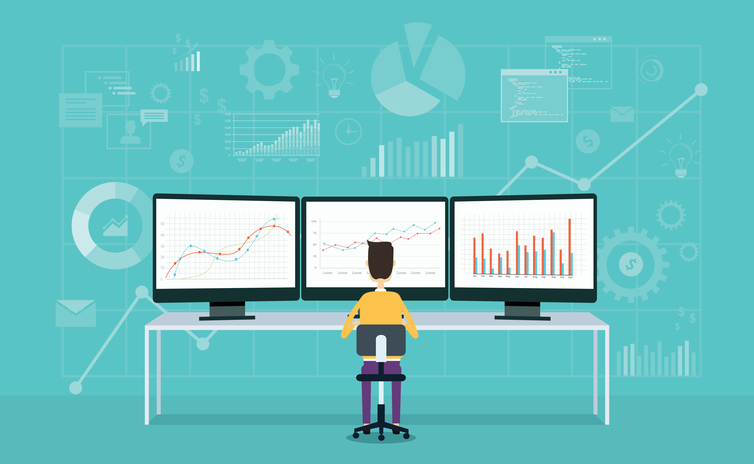 illustration of person sitting in front of three large monitors