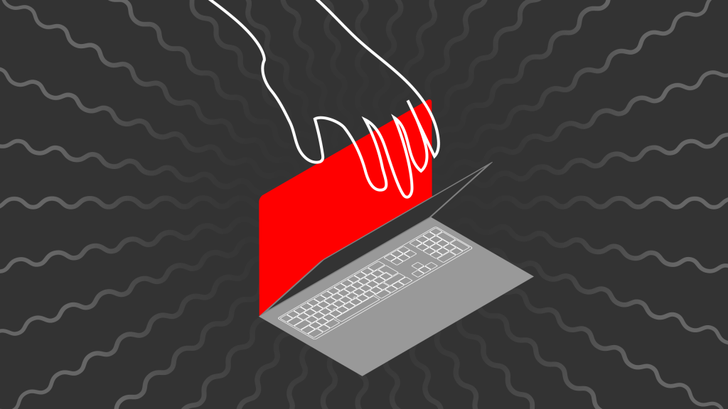 An illustration of a transparent hand grabbing at a laptop.