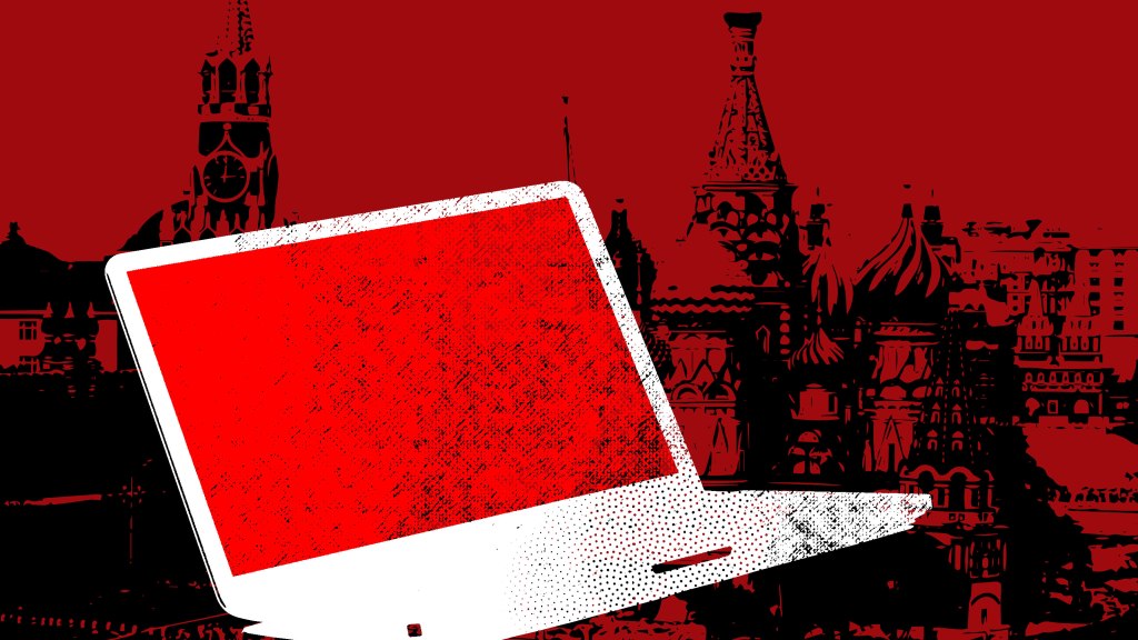 graphic depiction of open laptop overlaying Red Square in Moscow
