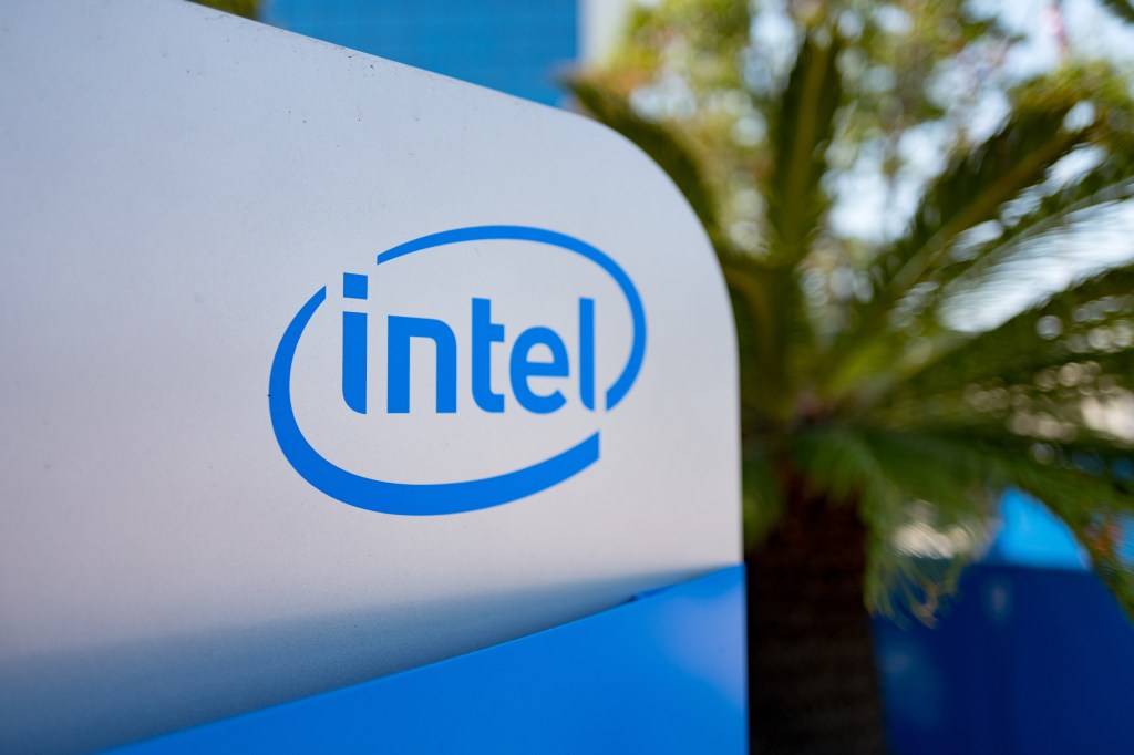 Signage with logo at the Silicon Valley headquarters of computer hardware manufacturer Intel, Santa Clara, California, August 17, 2017. (Photo via Smith Collection/Gado/Getty Images).