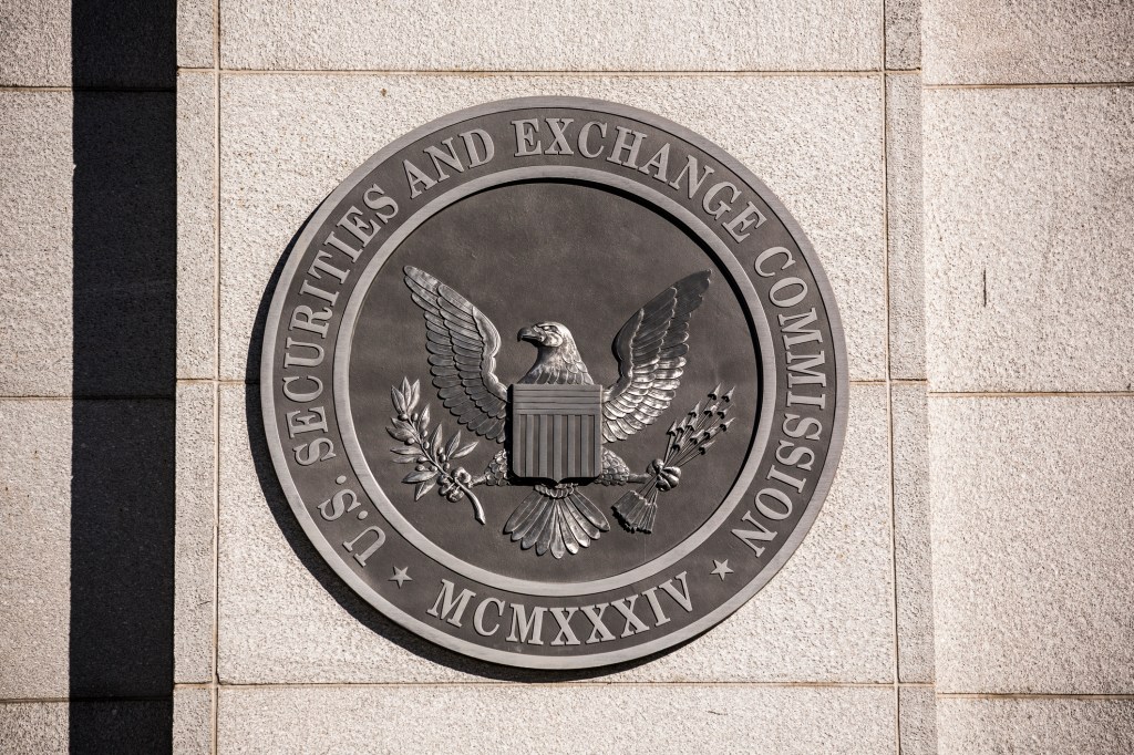 The SEC seal on signage out side the agency's building.