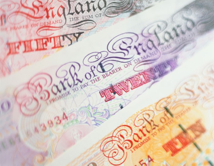UK currency: English ten, twenty and fifty pound notes, close-up