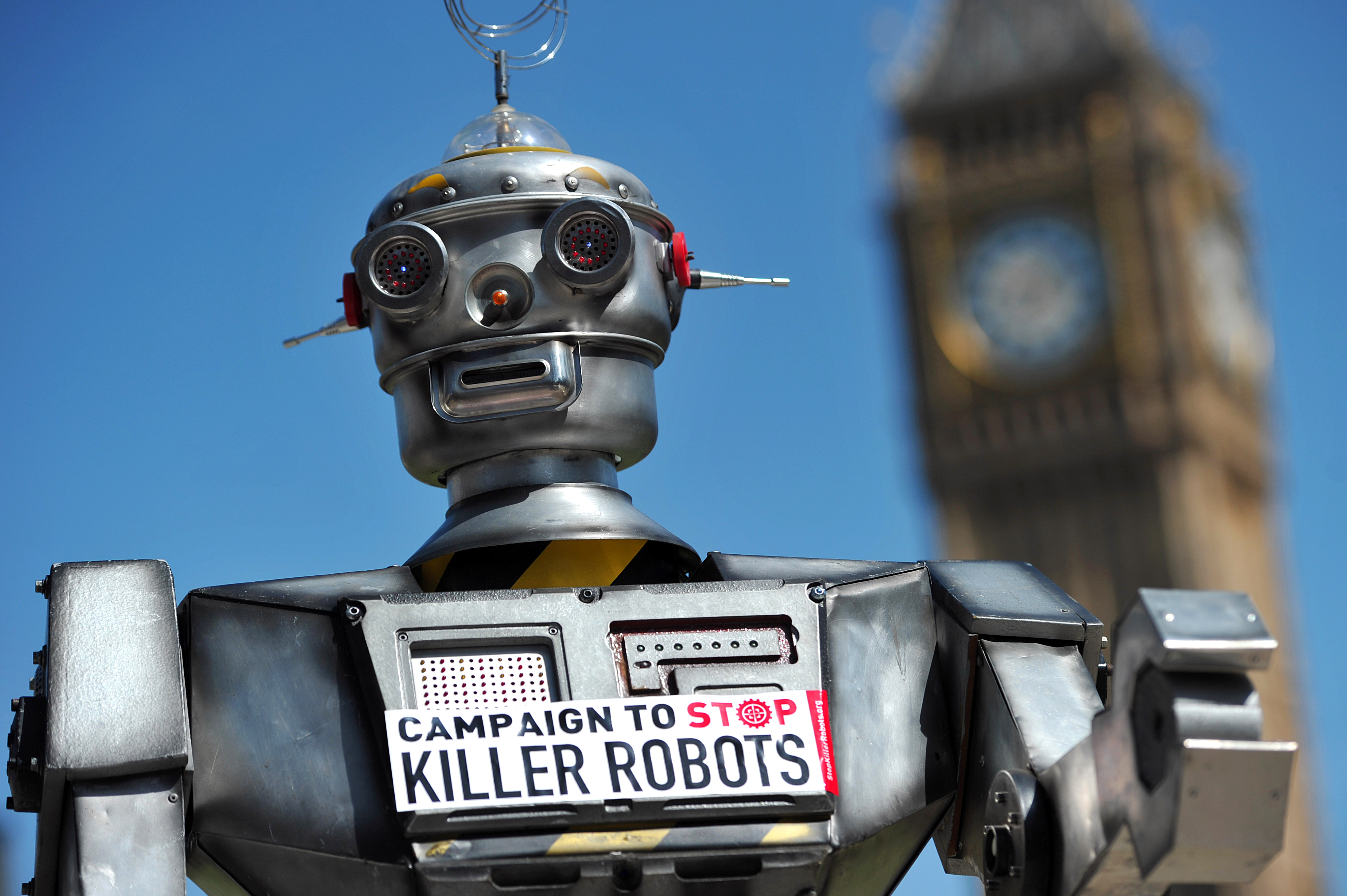 A mock "killer robot" is pictured in central London