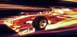 Formula one racing car moving at speed at night