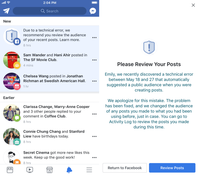 facebook privacy setting bug