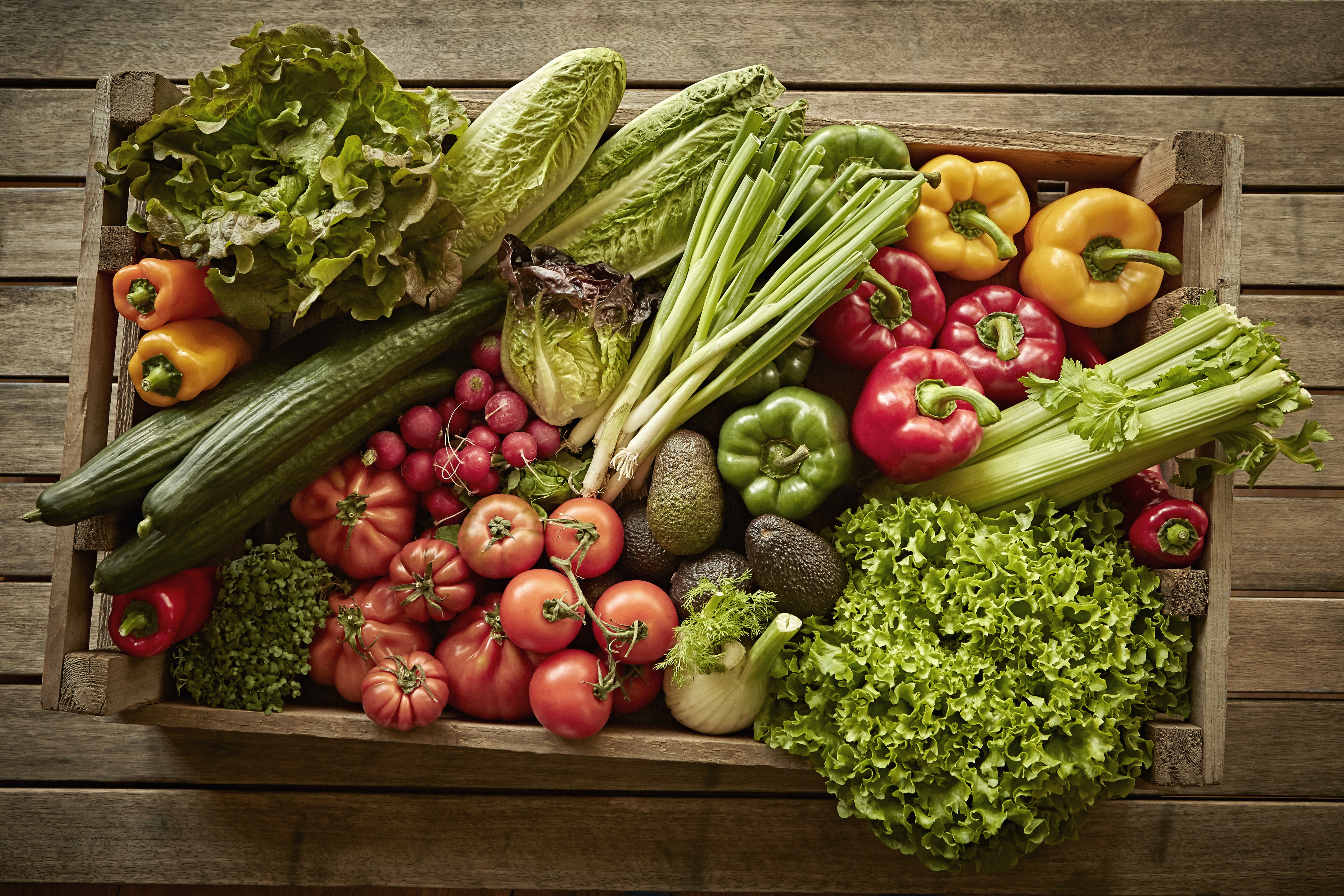 Masih hidup, berbagai panen sayuran segar, organik dan sehat dalam kotak kayu