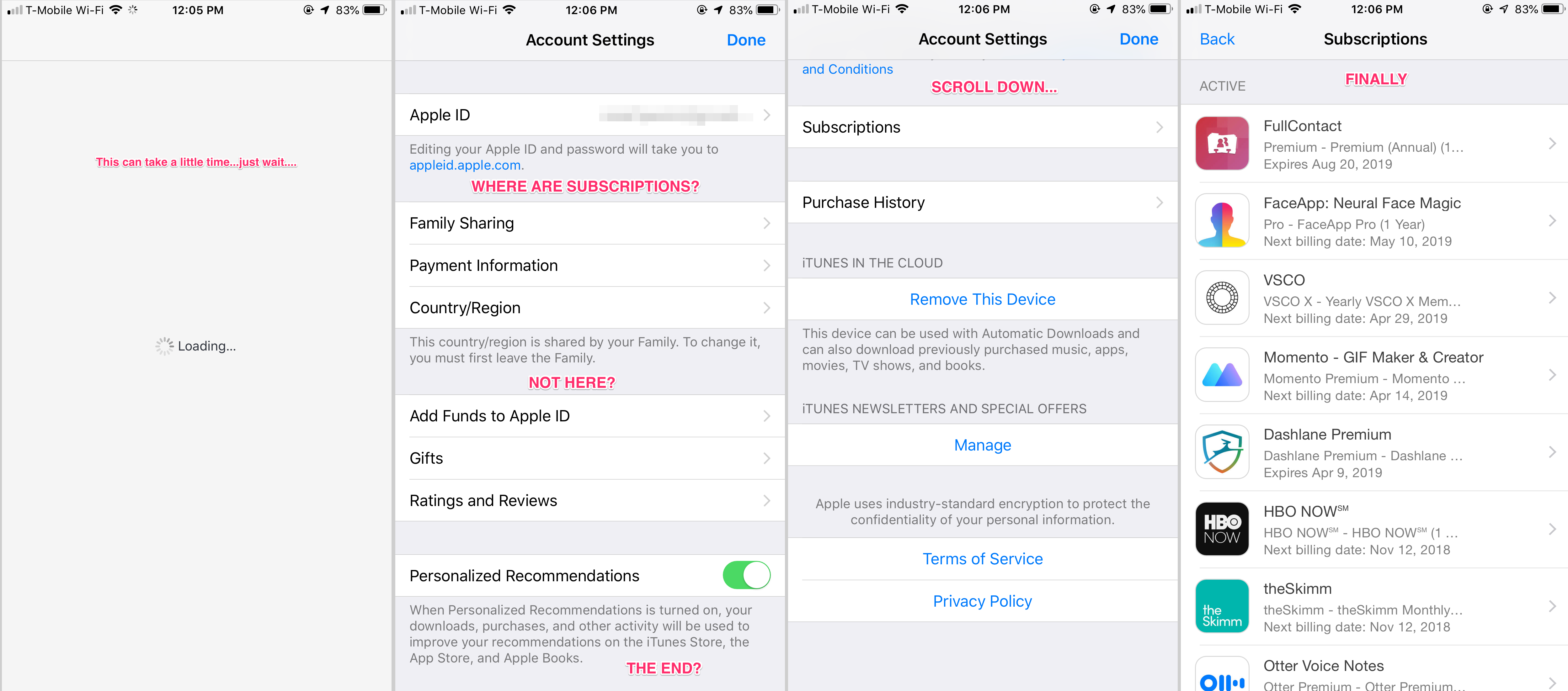 Above: Getting to subscriptions in the iPhone Settings (click images to vie...