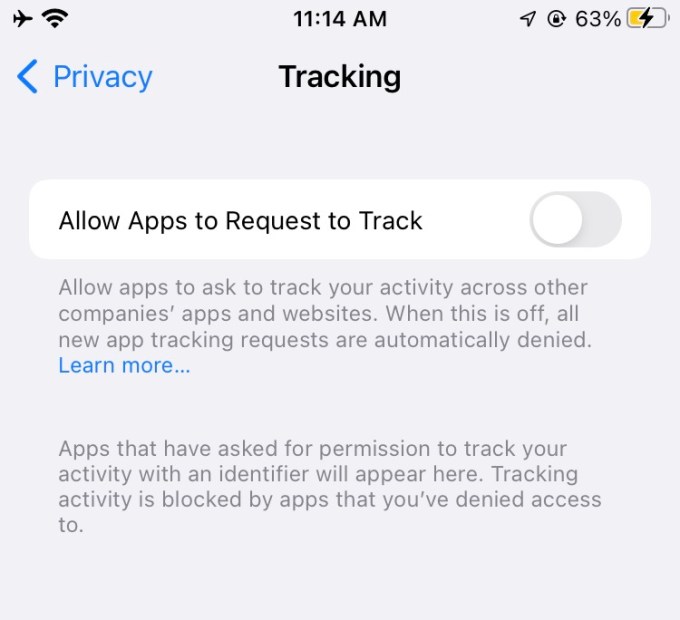 iPhone Security: A screenshot on an iPhone of the Tracking menu in Settings. 
