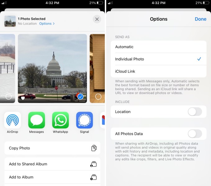 iPhone Security: Two screenshots showing sharing a photo on an iPhone by deleting location data.