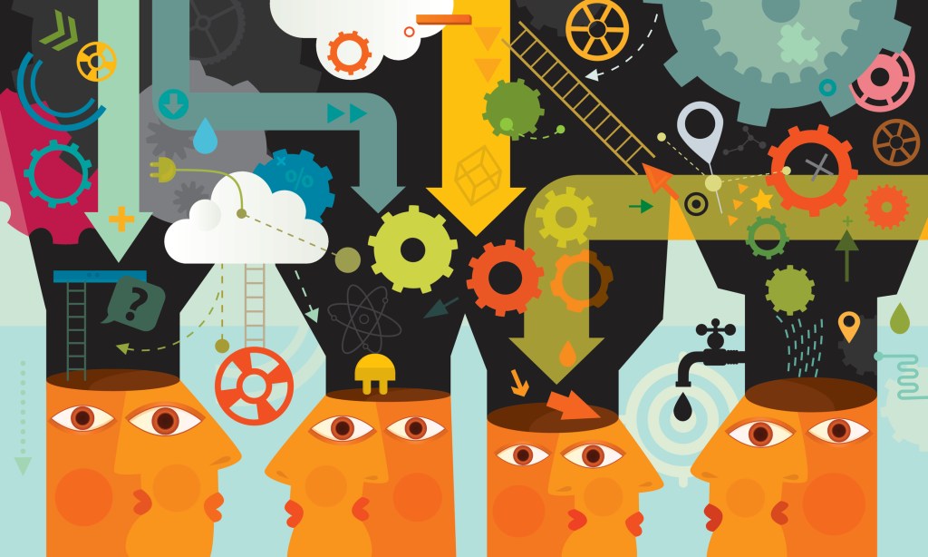Abstract image of faces with gears, arrows, clouds, and faucets to illustrate the concept of learning.
