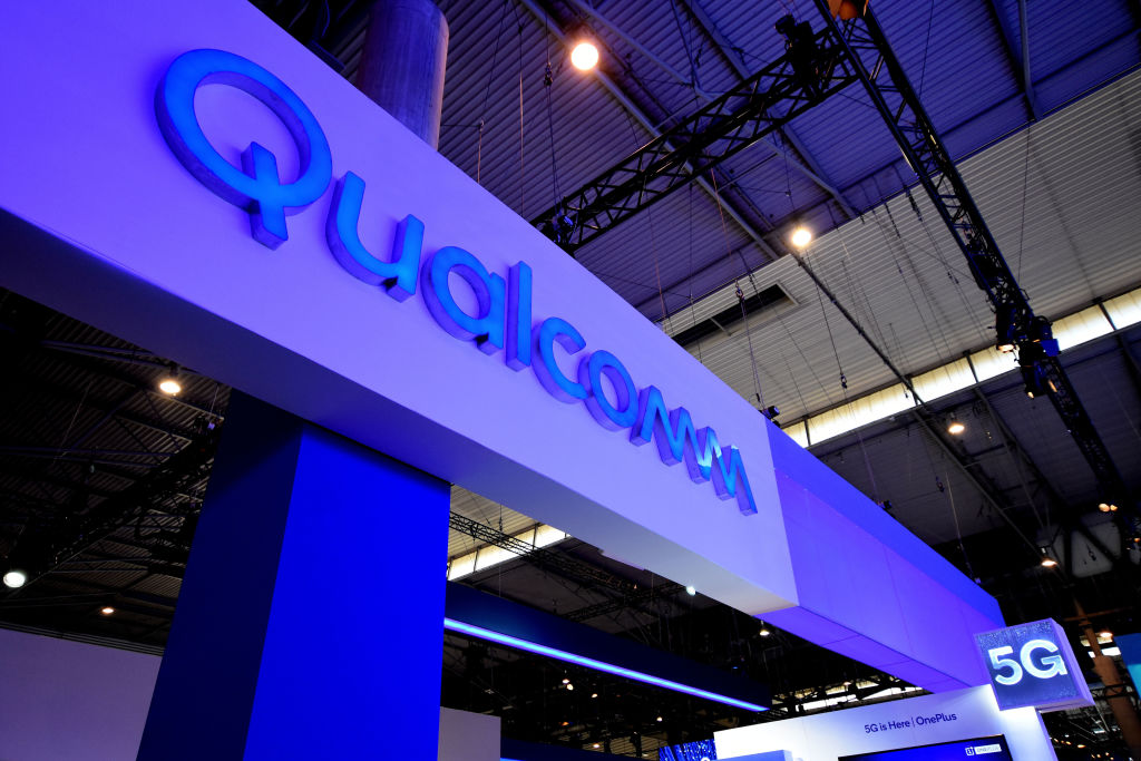 Logo of the Qualcomm brand with 5G technology seen during the Mobile World Congress 2019 in Barcelona. (Photo by Ramon Costa/SOPA Images/LightRocket via Getty Images)