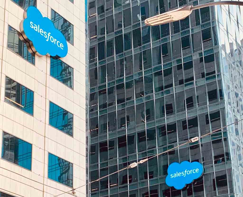 Salesforce logos on two towers in San Francisco.