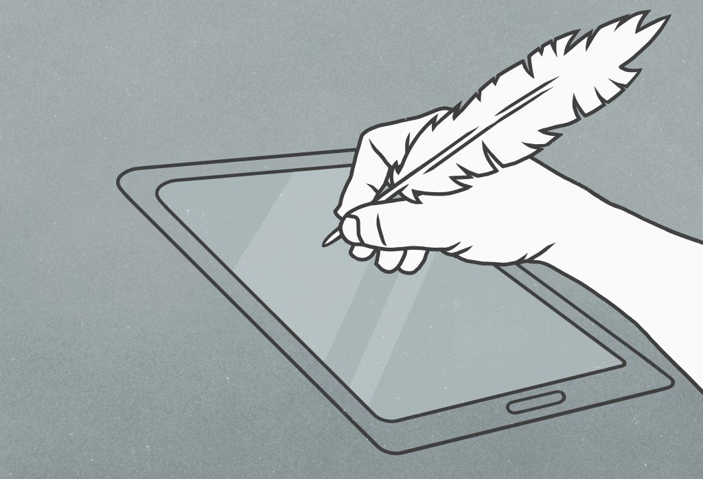 Illustration of hand with feather quill pen writing on digital tablet
