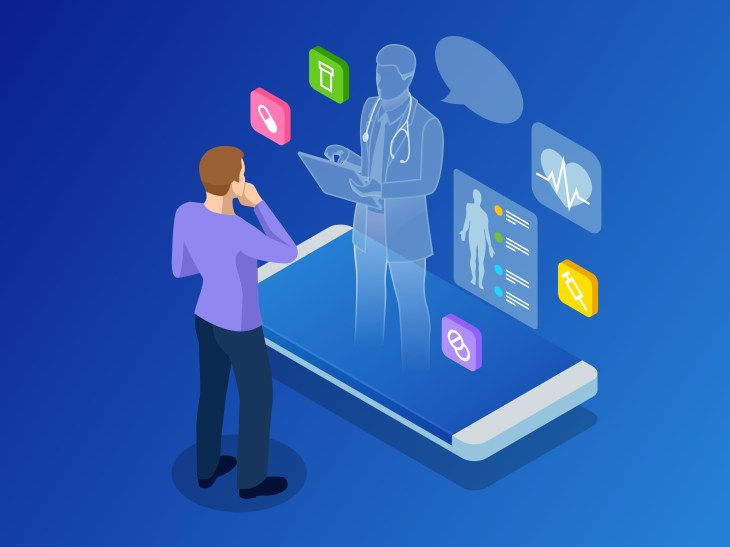 Isometric healthcare, diagnostics and online medical consultation app on smartphone. Digital health concept with a doctor standing on phone surrounded by assorted medical icons. Innovative technology