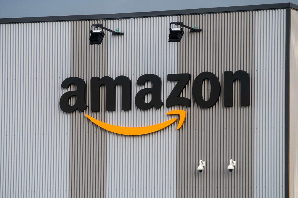 Amazon logo in logistic centre. Unions of the Amazon
