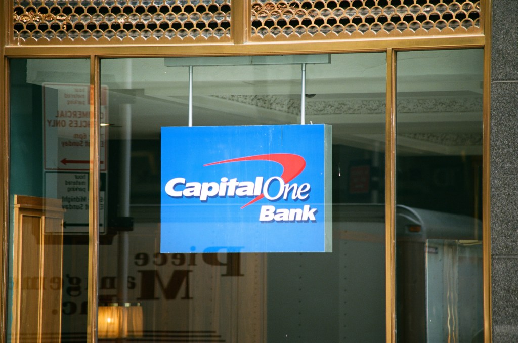 A photo of outside a CapitalOne banking location in New York City.