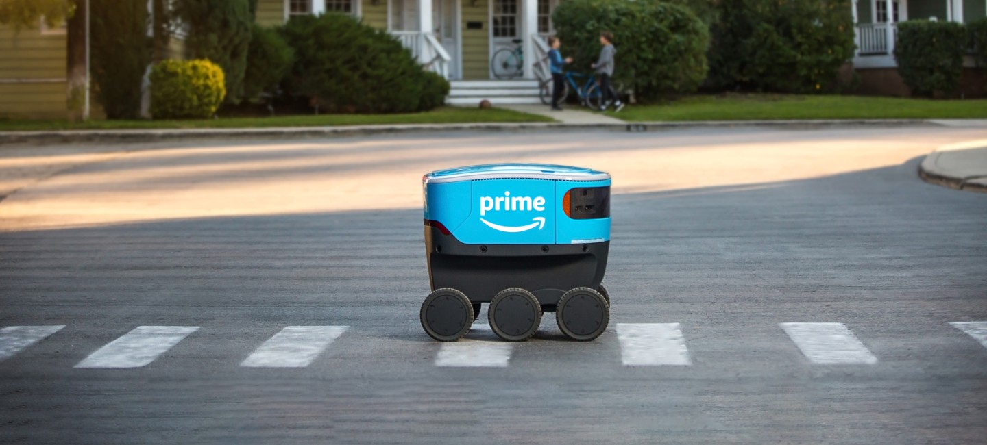 An Amazon Scout autonomous delivery robot.