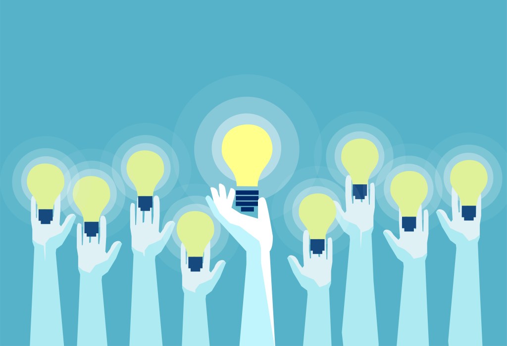 Illustration of multiple hands holding bright lightbulbs.